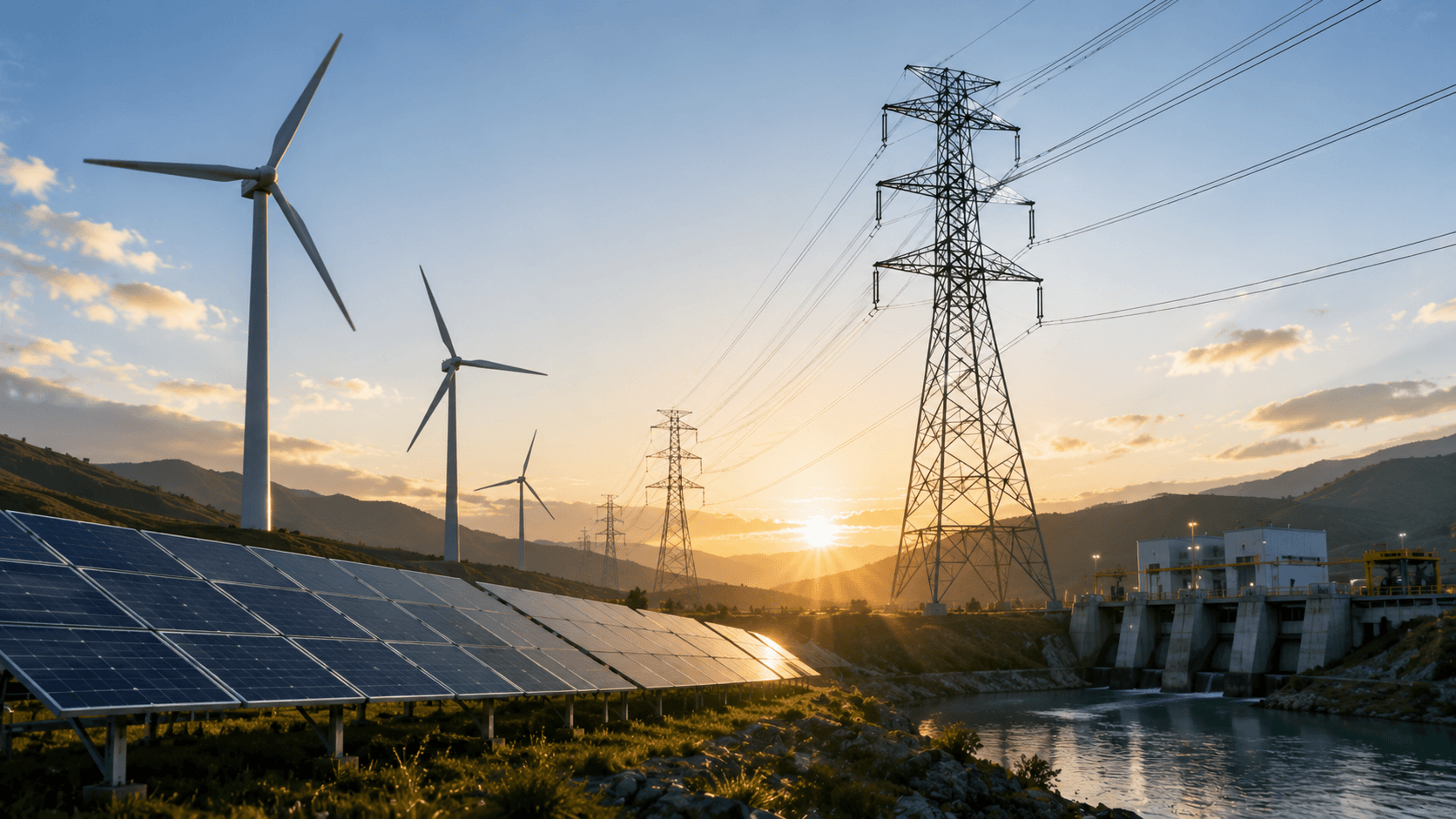 Renewable energy and utilities infrastructure with wind, solar, hydro, and power transmission