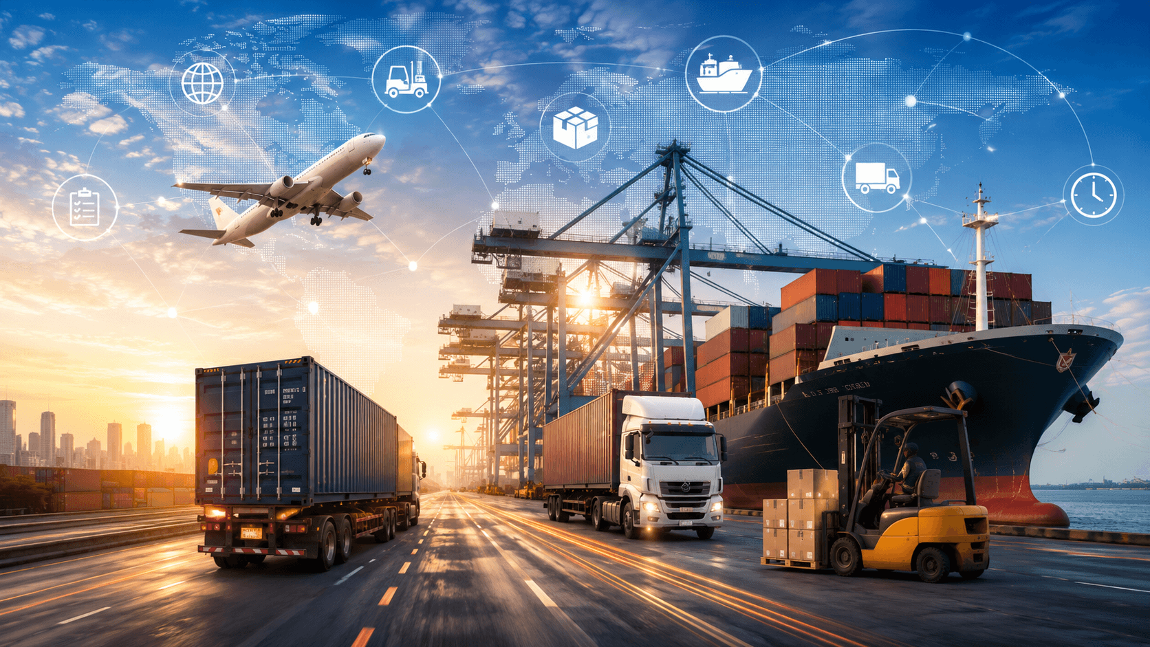 Connected logistics network with cargo ship, trucks, aircraft, and port operations